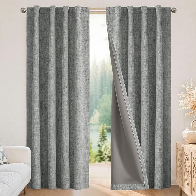 Joydeco Blackout Curtains for Bedroom - 100% Light Blocking 2 Panels Light Grey Drapes 42" W x 72" L, Thermal Insulated Room Darkening Curtains, Linen Textured for Living Room, Rod Pocket & Back Tabs