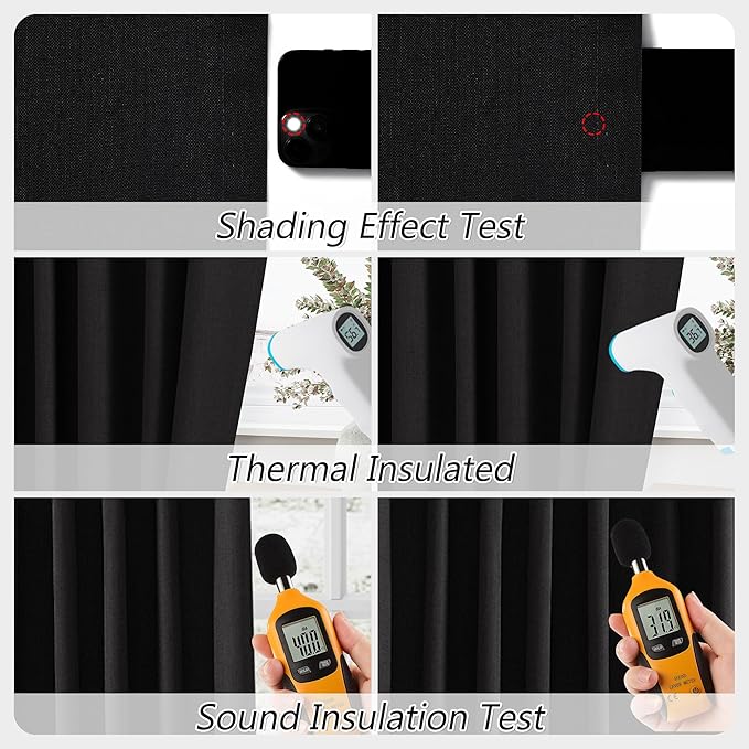 Guken Black 100% Blackout Linen Curtains 102 Inch Length 2 Panels Set for Living Room Bedroom Back Tab Thermal Insulated Black Out Drapes Room Darkening Window Curtains,52x108