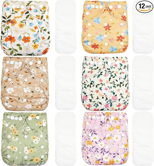 CoolaPeach 12 Set Reusable Adjustable Cloth Diapers for Newborn to 0-3 Years,One Size Washable Pocket Nappy Covers for Baby Girl and Boy,6 Pack Cloth Diapers+6pcs Microfiber Inserts (NCP05)