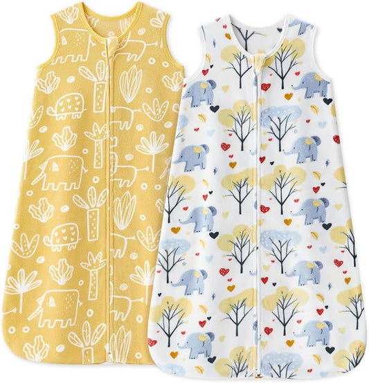 Unnivoll Fleece Baby Sleep Sack 0-6 Months 1.0 Tog Baby Wearable Blanket Microfleece Sleeping Sack with 2-Way Zipper for Newborn Infant Yellow & White Elephant