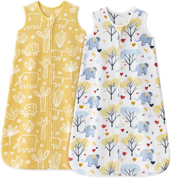 Unnivoll Fleece Baby Sleep Sack 12-18 Months 1.0 Tog Baby Wearable Blanket Microfleece Sleeping Sack with 2-Way Zipper for Toddler Infant Yellow & White Elephant