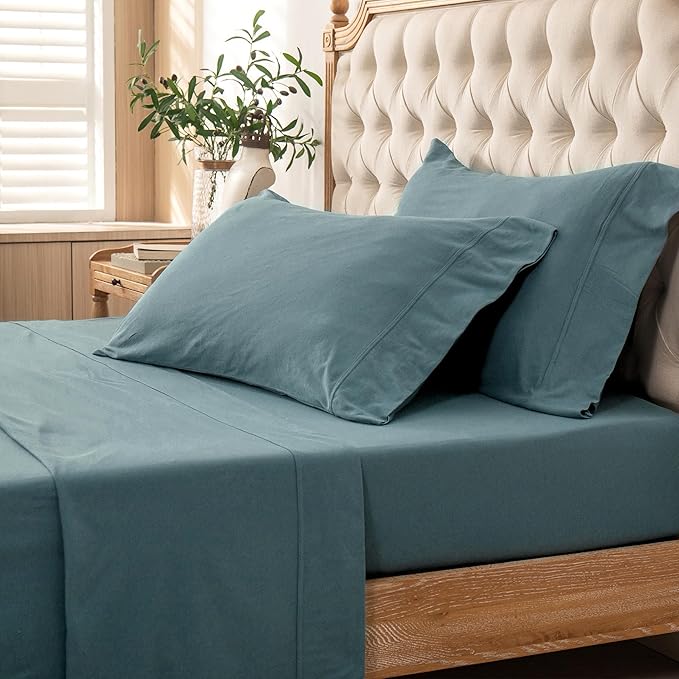 PURE ERA Jersey Knit 3pcs Bed Sheet Set 100% T-Shirt Cotton Super Soft Comfy Breathable Fits Mattress Up to 20" Extra Deep Pocket (Solid Cerulean Blue,Twin XL)