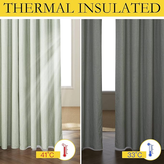 NICETOWN Living Room Full Blackout Sage Green Linen Curtains 108" Length with Thermal Insulated Liners, Farmhouse Style Keep Warm Large Window Draperies for Hall (2 Panels, 52" W)