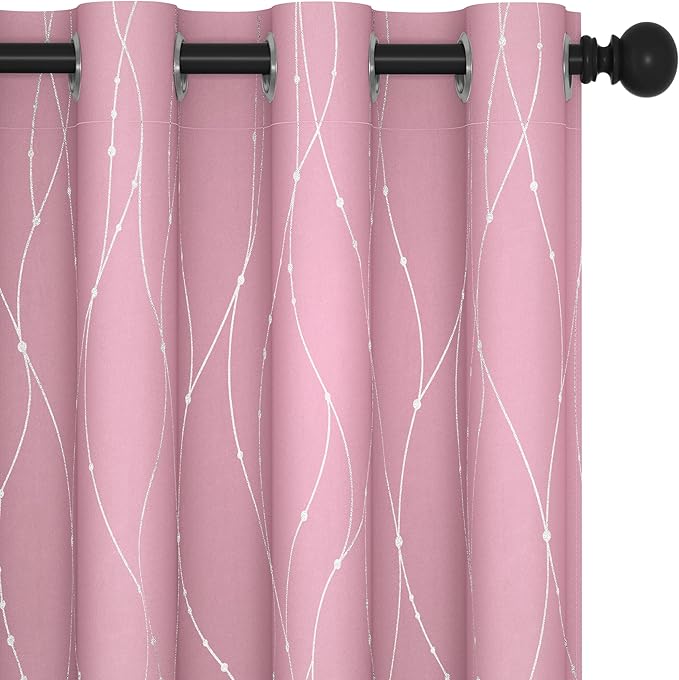 Deconovo Pink Curtains, Blackout Drapes, Thermal Insulated Soundproof Curtain, Silver Wave Dot Print, 52 x 108 Inch Long, Machine Washable Window Panels for Girls Bedroom Living Room Nursery, Set of 2