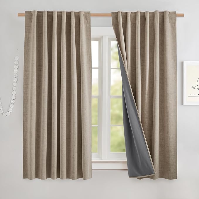 NICETOWN Short 100% Blackout Curtains 63" Long, Linen Blend Drapes with Thermal Insulated Grey Liner, Keeping Out Cold Air and Heat Panels for Kitchen, Cafe Bar (Set of 2, 52" Width, Burlap)