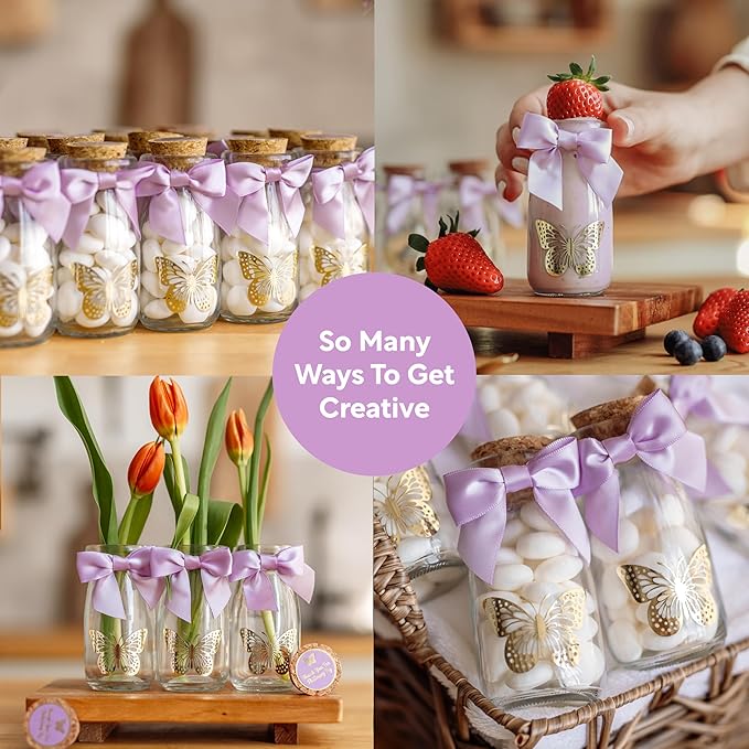 Ethisa Vintage 12 Pack Butterfly Party Favor Glass Bottles with Ribbons and Stickers - Classy Baby Shower and Birthday Favors for Guests and Table Centerpieces Decorations - Purple Theme Candy Jar