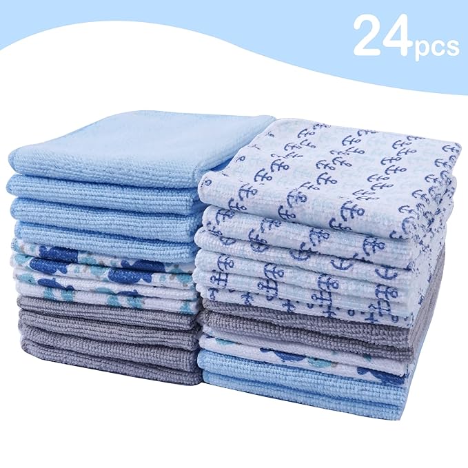 Viviland Baby Washcloths, Super Soft Baby Bath Towels for Newborn 24 Pack, Absorbent Face & Body Wash Cloth for Baby Boy, Blue-Whale Pattern, 9 x 9 inch