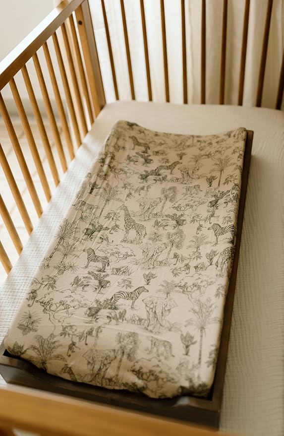 Oilo Changing Pad Cover, Breathable Organic Cotton Fitted Jersey, 300 Thread Count, Machine Wash, Fits Standard Changing Pads (32" x 16"), Heirloom Organic Collection, Vintage Safari