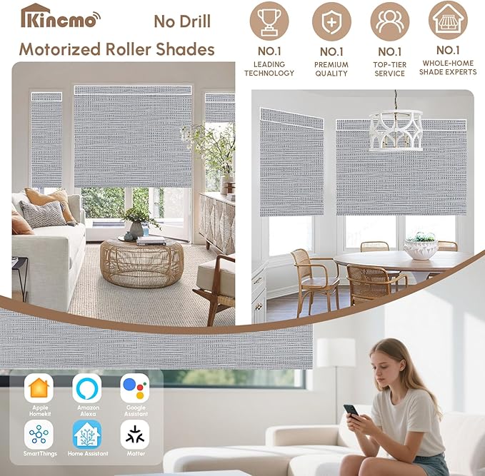 Kincmo No Drill Motorized Blinds with Remote, 100% Blackout Roller Shades for Windows, Custom Electric Blinds Compatible with Alexa, Apple Homekit, Google Home (100% Blackout Weave Grey)