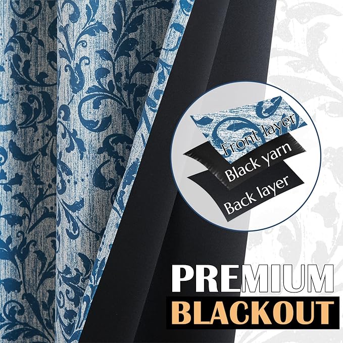 jinchan Blackout Curtains for Bedroom 84 Inches Long Blue Scroll Floral Window Curtains for Living Room Farmhouse Vintage Drapes Thermal Insulated Grommet Window Treatments 2 Panels