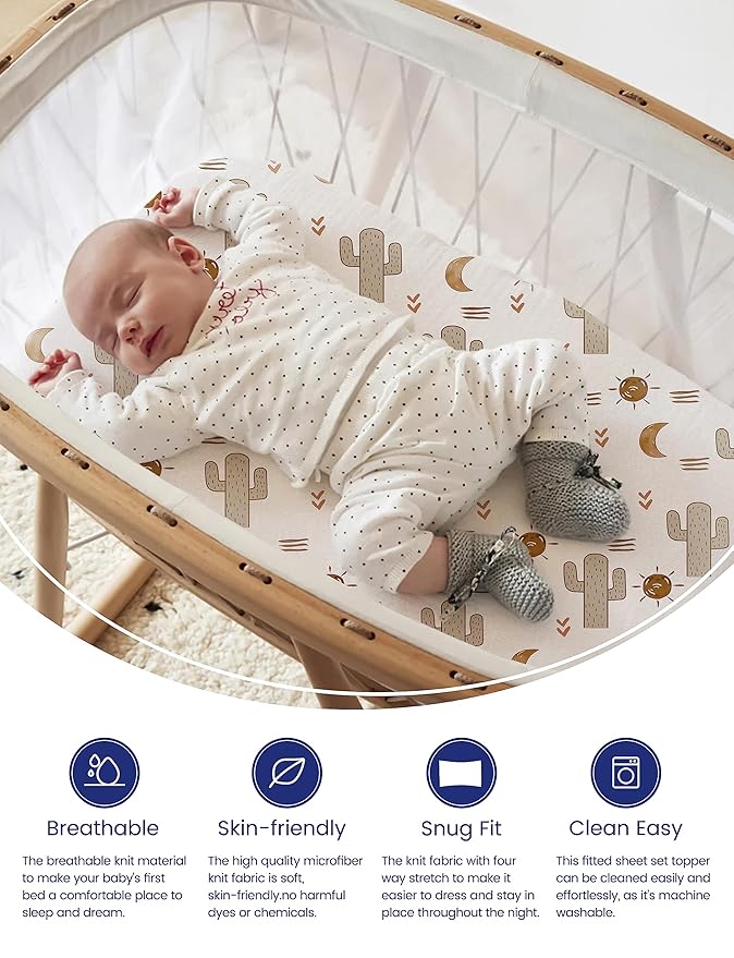 TotAha Premium Stretchy Cactus Bassinet Sheets for Baby Girl, Hypoallergenic, Buttery Soft, Silky Comfort Cradle Sheets Fitted 18 x 36 for Oval, Rectangular, Hourglass Mattress, 2-Pack