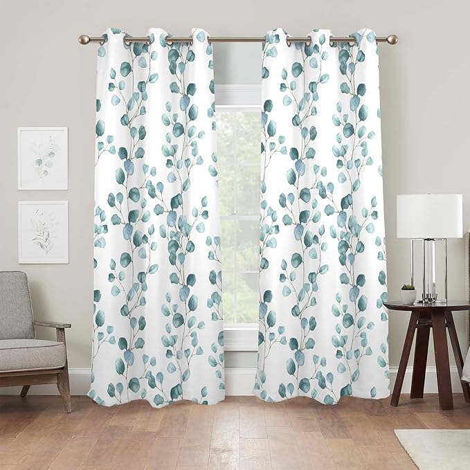 Renaiss Eucalyptus Leaf Curtains Green Eucalyptus Print Blackout Window Drapes for Bedroom Botanical Grommet Top Thermal Insulated Window Curtains for Living Room 53W x 96L 2 Panel Set