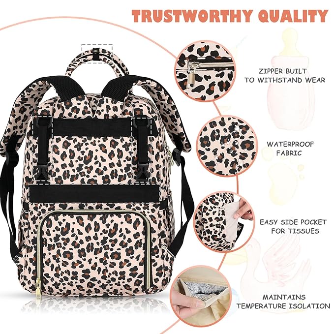 Baby Diaper Bag Backpack, Travel Diaper Bags for Baby Girl Boy Large Capacity Baby Bag Backpack for Women Leopard Print