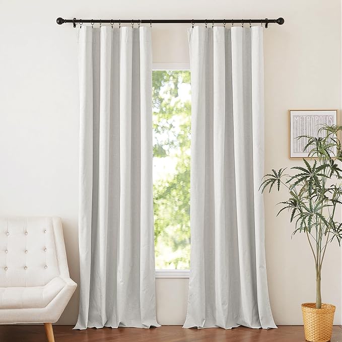 NICETOWN 100% Absolutely Blackout Linen Curtains 90 inch Length with Thermal Insulated White Liner, Off White, W52, 2 Pieces, Noise Reducing Textured Linen Look Windows Drapes for Classroom
