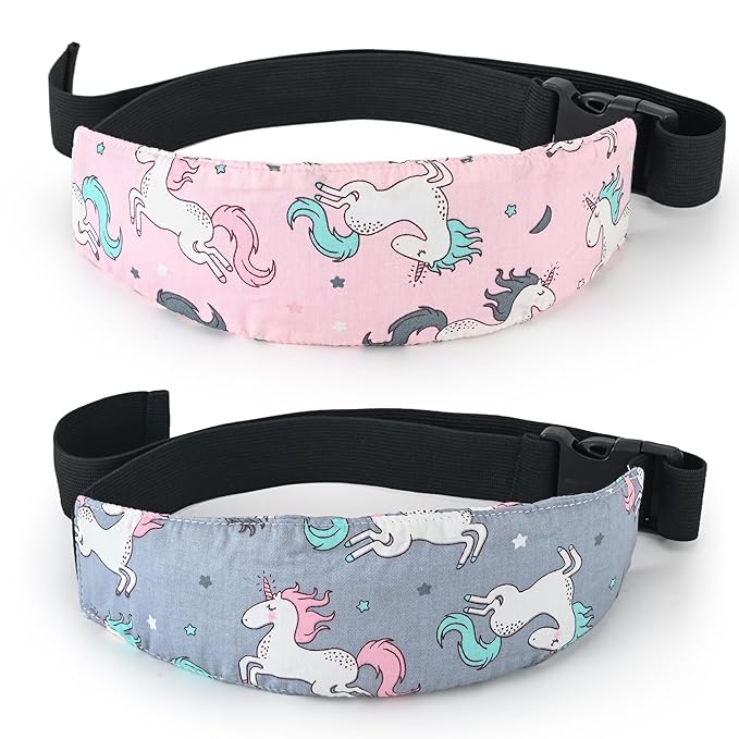 Fantasy Unicorn Baby Car Seat Head Support Strap, Pink & Grey, Cotton, 2 Pack, Adjustable Headrest Band for Stroller, Infant to Toddler