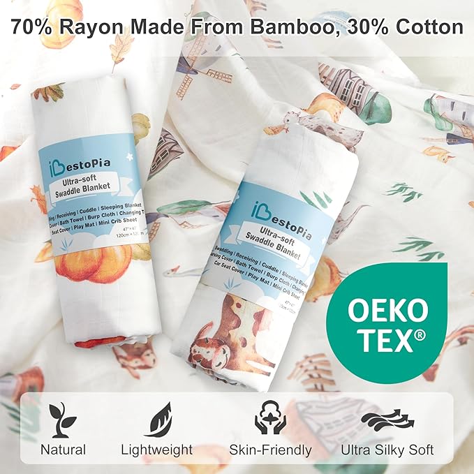 70% Rayon Made from Bamboo 30% Cotton Muslin Swaddle Blanket, 47 x 47 Inches, Pumpkin Print Baby Receiving Blanket, Soft and Breathable, Unisex, 2 Pack