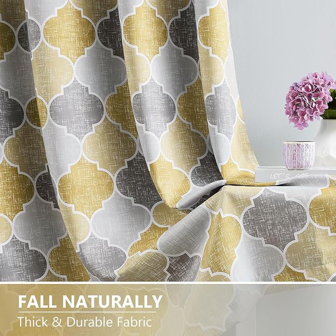 Moroccan 100% Blackout Curtains 95 Inches Long for Bedroom Geo Lattice Window Curtain Panels Room Darkening Thermal Insulated Trellis Pattern Drpes, 52x95, Gray/Yellow, 2panels