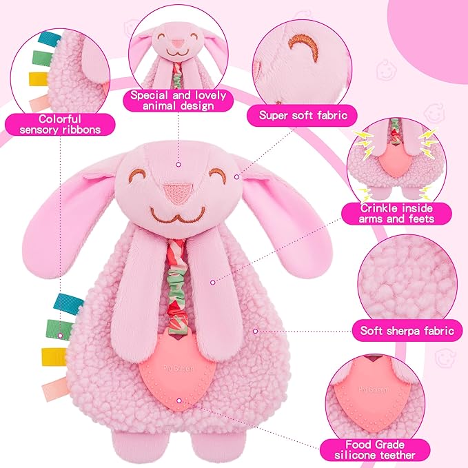 Pro Goleem Bunny Loveys for Babies Girl and Boy, Baby Lovey with Teether, Baby Toys 0 3 6 9 12 Months, Safety Teething Toys for Babies Infant Newborn and Toddler Gifts