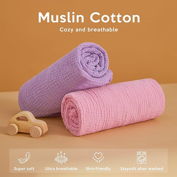 Pro Goleem Muslin Pack n Play Sheets for Girls, Soft Breathable Cotton Fitted Mini Crib Sheets, Baby Sheets for Playard Mattress, 2 Pack (Pink＆Purple)