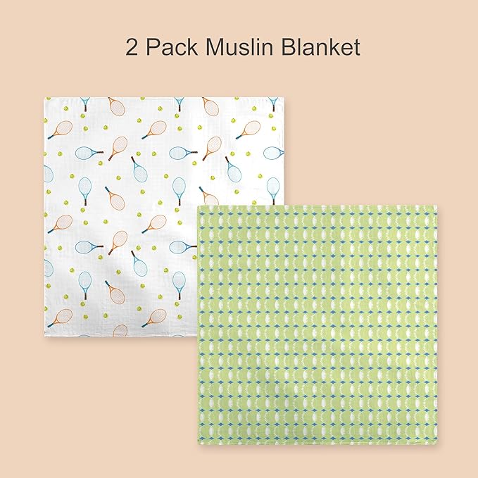 70% Rayon Made from Bamboo 30% Cotton Muslin Swaddle Blanket, 47 x 47 Inches, Tennis Print Baby Receiving Blanket, Soft and Breathable, Unisex, 2 Pack