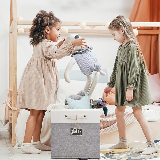 12x12 storage cube bins 4 Pack,Collapsible Fabric Storage Cubes with Labels,Linen Cube Storage Organizer Bins with Cotton Handles,Square Storage Cubes for Home,Office,Clothes,Cabinet (White Grey).
