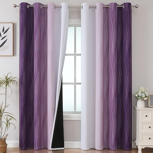 Estelar Textiler Ombre Blackout Curtains 102 Inches Long 2 Panels Set, Purple and Greyish White Thermal Insulated Drapes for Bedroom, Full Room Darkening Grommet Curtains for Living Room, 52Wx102L