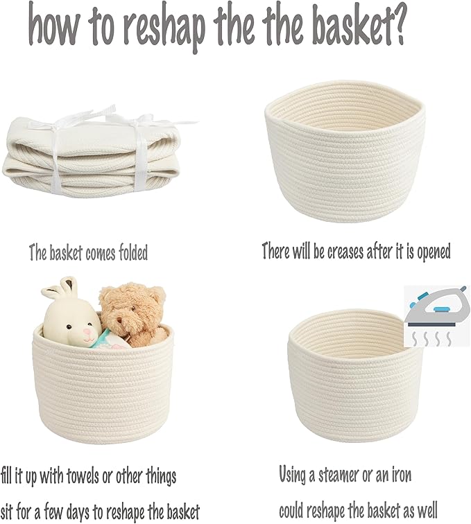 Woven Cotton Storage Baskets - 3-Pack Round Bins (10x10x7'') for Shelves, Closets & Bookcases | Durable Rope Organizers for Nursery, Baby, Toys, Easter & More (white)