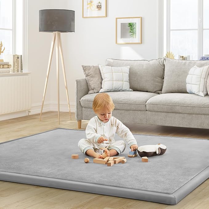 Baby Play Mat for Floor Tummy Time Mat Nursery Muscle Area Rug Playroom Rug Tatami 47"x47" Memory Foam 1.3" Thick Crawling For Babies,Toddlers, Infants, Kids,Floor(Light Gray)
