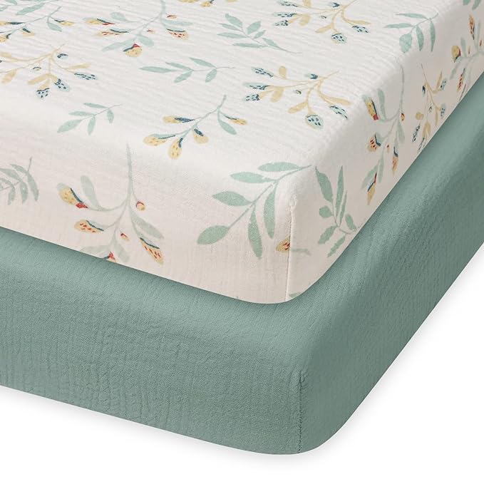 Blissful Diary Muslin Mini Crib Sheets, Pack and Play Mattress Sheets Fitted for Pack N Play, Soft Cotton for Boys Girls, 2 Pack(Roman Green&Leaf)