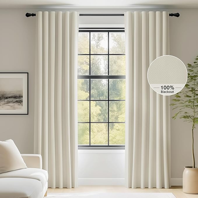 FMFUNCTEX 100% Blackout Curtains for Bedroom, Beige Back Tab Curtain 84 Inches Long Drapery Thermal Insulated Curtains for Living Room, Black Out Drapes Rod Pocket Room Darkening 2 Panels