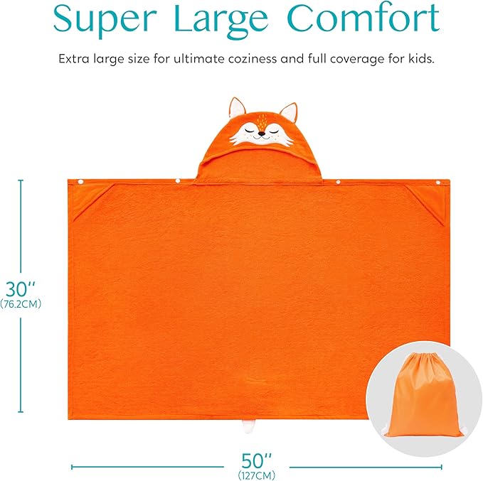 Joiedomi Hooded Towel for Kids Soft 100% Cotton Bath Beach Towel 30" x 50" for Kids 3-10 Years Toddler Pool Poncho with Hood Absorbent Swim Wrap for Boys Girls Orange Fox