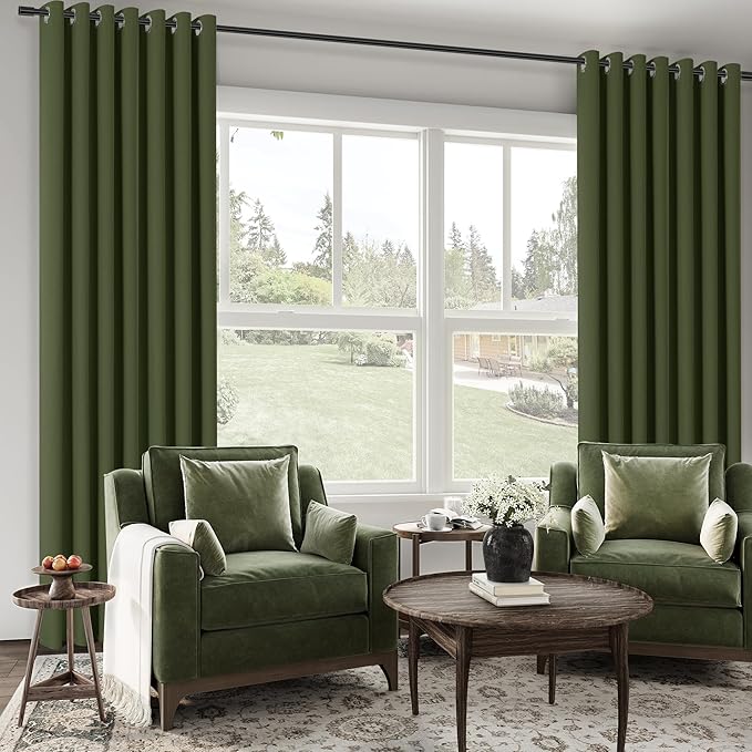 ChrisDowa 100% Blackout Olive Green Solid Curtains 102 Inches Long 2 Panels for Bedroom Living Room,Farmhouse Room Darkening Thermal Insulated Soundproof Grommet Top Window Treatment Drapes,52x102