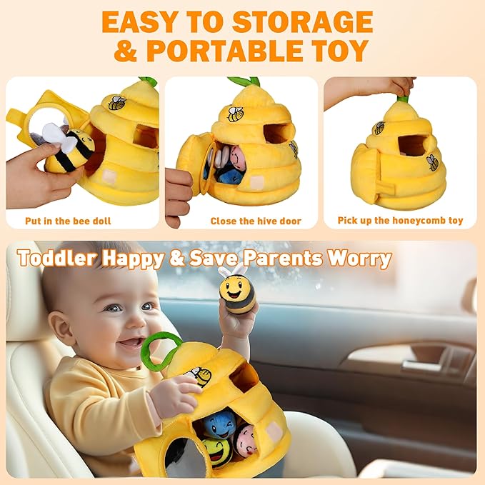 Baby Toys 6-12 Months, Plush Beehive with 4 Sensory Bees, Map Pad, Rattle, Crinkle Paper, Squeaker, Mirror, Montessori Toy for 6 7 8 9 10 11 12 Month Old, Infant Toys Baby Valentines Day Gifts