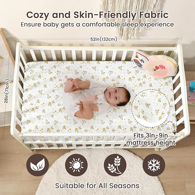 david's kids 3 Pack Fitted Crib Sheets, Ultra Soft Breathable Comfortable Baby Sheet Set for Boys Girls Neutral, 28x52 Inch Fits Standard Crib and Toddler Mattresses, Leaf & Floral