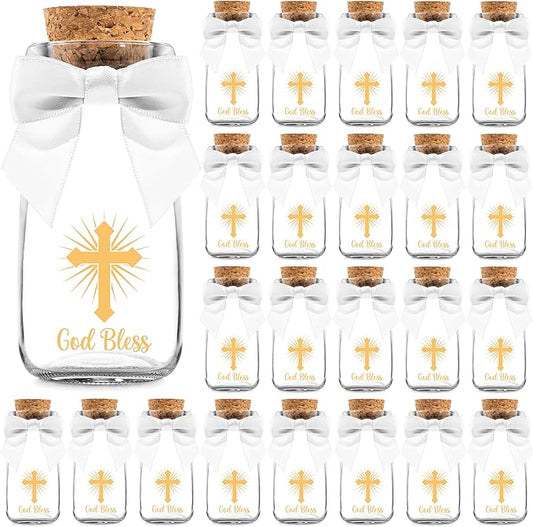 Ethisa Vintage 24 Pack Baptism Glass Bottles with Ribbons and Stickers - Classy God Bless Party Favors for Baptism and 1st Communion - Bautizo Table Centerpiece Decoration - Baby Christening Candy Jar