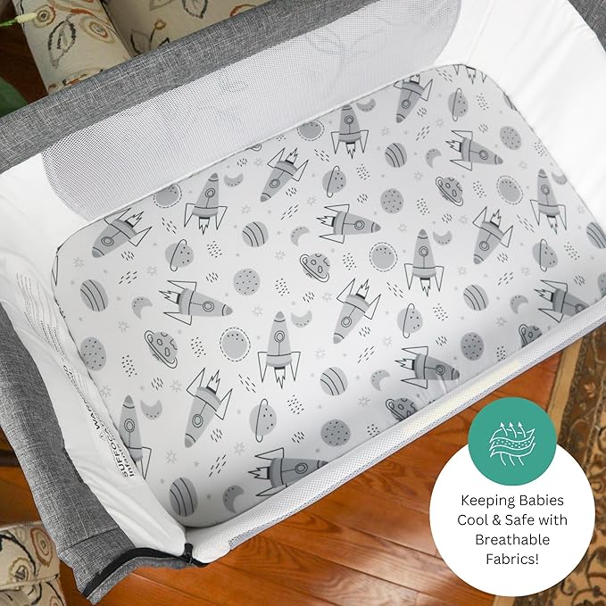 Bassinet Sheets for Fodoss, Dream On Me Skylar, BabyBond, Delta Children, wayfong, YADAQE by TansyPanda, 3PC, 33x20 in, Ultra Soft, Breathable Snug Fit, Unisex Boys Girls, Gray White (Space Rockets)
