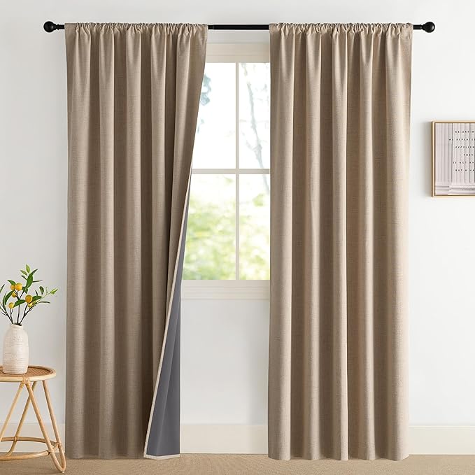 NICETOWN 2 Panels Burlap Vintage Linen 100% Blackout Curtains, 52 x 80 Inch, Rod Pocket Style, Thermal Insulated Room Darkening Drapes for Living Room, Bedroom, Nursery, Modern Farmhouse Decor