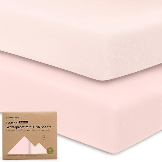 2 Pack and Play Sheets, Waterproof Mini Crib Sheets Fitted - 38x26 Organic Cotton Pack N Play Sheets for Graco Pack and Play Mattress, Playard Baby Crib Sheets,Neutral for Boy,Girl,Toddler(Mist Rose)