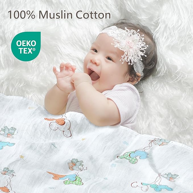 2-Pack 100% Cotton Muslin Swaddle Blankets, Large 47 x 47 Inches — Breathable Soft Receiving Blankets for Newborns, Swaddling Wraps, Baby Essentials, Registry Gift (Elephant & Dino Duo)