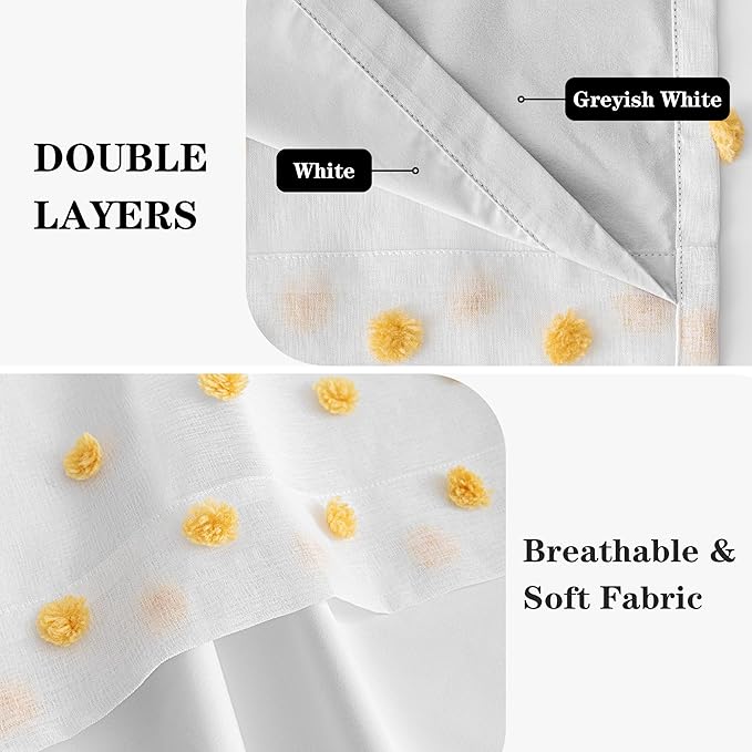MEETSKY 100% Blackout Curtains for Living Room 90 Inches Long Total Light Blocking Nursery Curtains for Girls Room,Grommet Room Darkening Window Drapes with Yellow Pom Pom Sheer 52W x 90L, 2 Panels