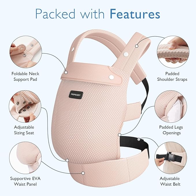 Momcozy Breathable Mesh Baby Carrier, Ergonomic and Lightweight Infant Carrier for 7-45lbs with Enhanced Lumbar Support, All Day Comfort for Hands-Free Parenting, Air Mesh-Pink