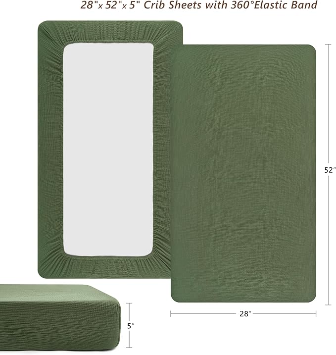TILLYOU 2 Pack Muslin Crib Sheet for Boys and Girls - 100% Cotton Fitted Crib Sheet for Toddler Standard Crib Mattress, Soft and Breathable, 52"x28", Forest Green&Light Green