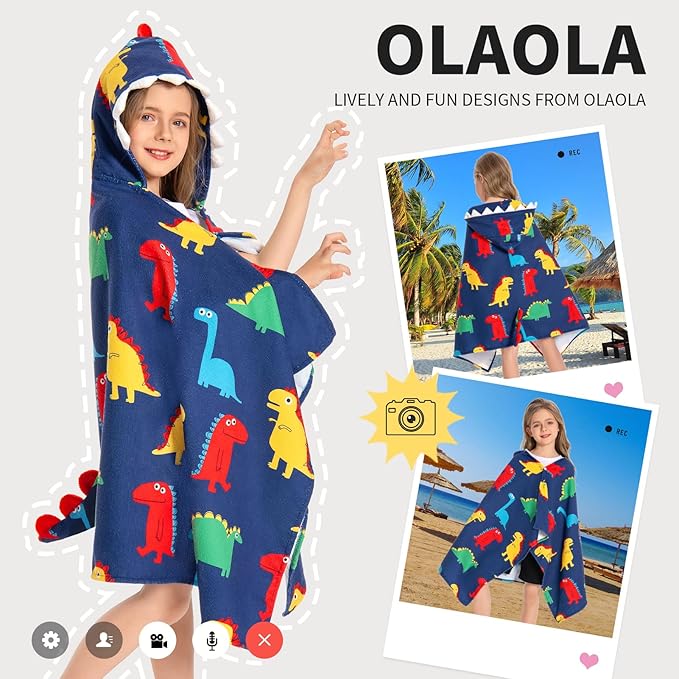 OLAOLA Colorful Dinosaur Hooded Towel for Kids 3-12 Years, 28" x 53" Soft Thick Absorbent Beach Towels, Toddler Bath Towel Wrap Swim Pool Towels Poncho for Boys Girls