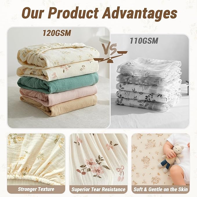 Heavyweight Muslin Baby Crib Sheets - 2PCS 52"x28" Neutral Fitted Crib Sheets for Boys Girls, Breathable Soft 100% Organic Cotton Standard Baby Mattress Sheet (Floral, Pink)