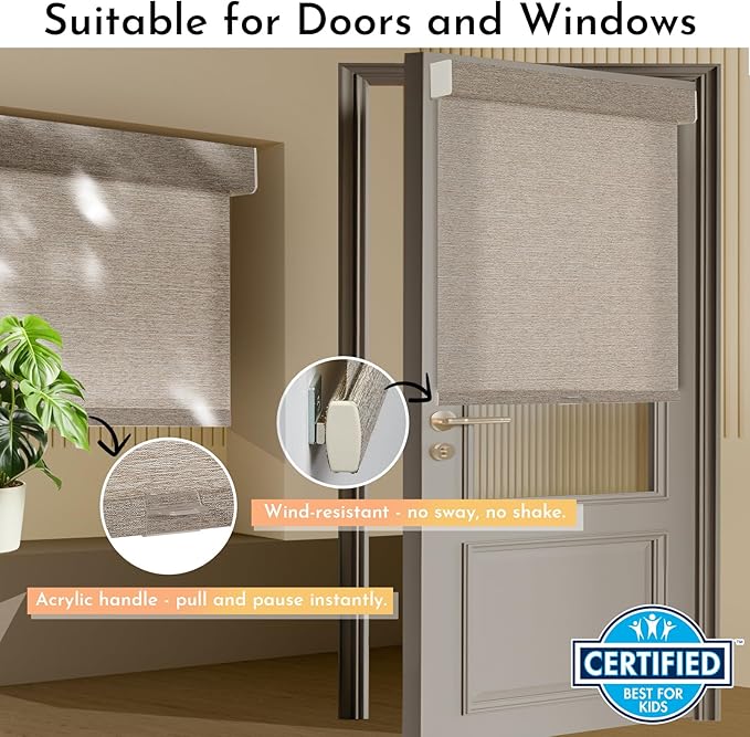 Persilux Light Filtering Roller Shades for Window Blinds,Cordless,Linen Fabric,Thermal Insulated Fabric UV Protection Shades for Home,Office,Bedroom,Door,Light Filtering-Light Brown,25" W X 72" H