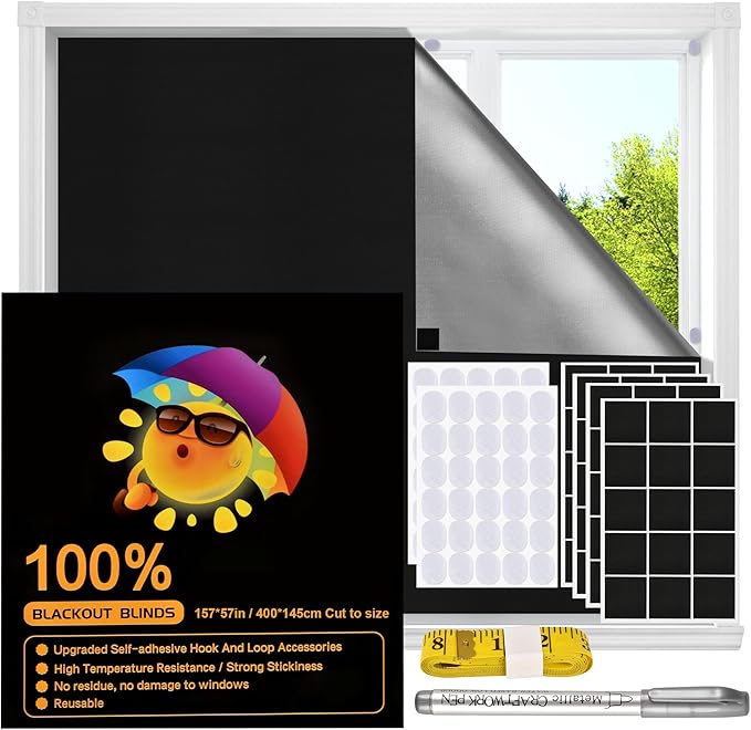 Blackout Window Cover, Upgraded Hook and Loop - Portable Shades No Residue and Longer Lasting, 100% Blackout Blinds for Window 157″ x 57″, Black Out Curtains for Bedroom and Baby Room 4m