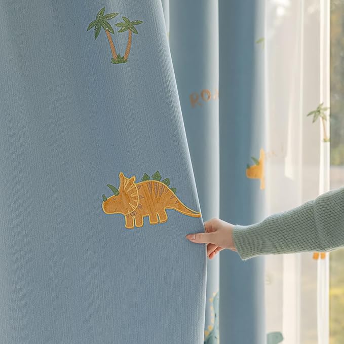 Cartoon Dinosaur Kids Curtains with Blackout Liner Embroidery Nursery Curtains for Children Boys Baby Bedroom Living Room Grommet Top Room Darkening Window Drapes 1 Panel (Blue,W52 x L84 Inch)