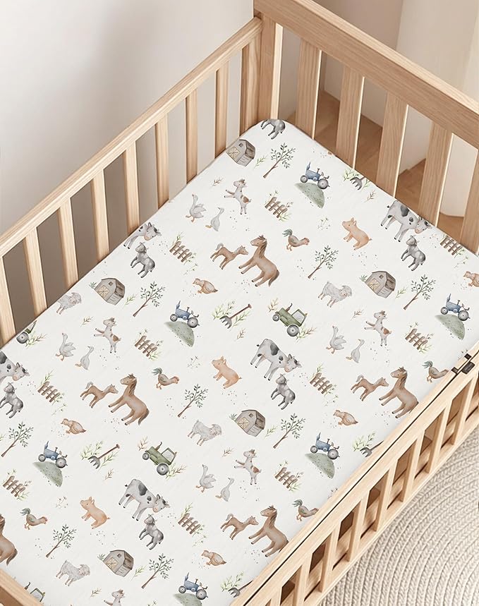 Pack and Play Sheets 2 Pack, Fitted Jersey Knit Mini Crib Sheets for Baby Boys and Girls, Compatible with Graco Pack N Play and Mini Crib Mattress (Little Farm, Pack N Play/Mini Crib Sheets)