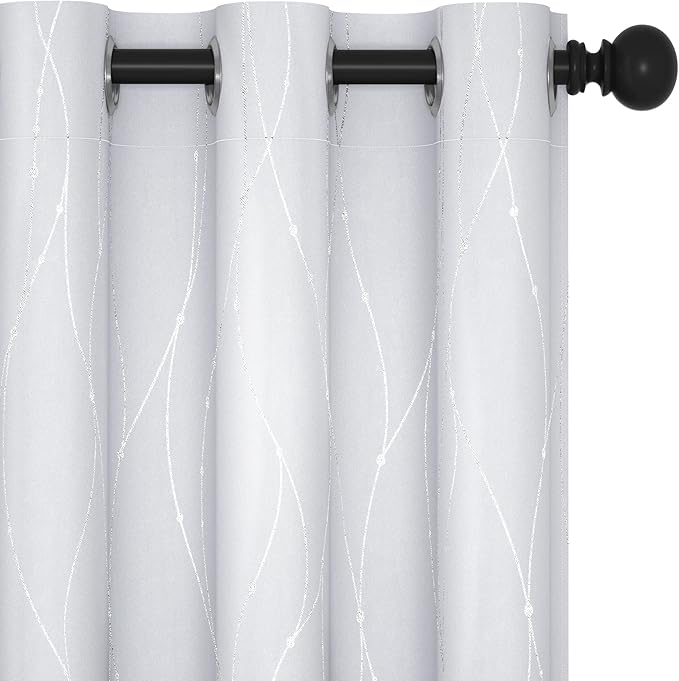 Deconovo Kitchen Curtains, Room Darkening Drapes, Thermal Insulated Soundproof Grommet Drape, Silver Wave Dots Print, 42 x 54 Inch, Machine Washable Window Panels for Small Windows Nursery, Set of 2