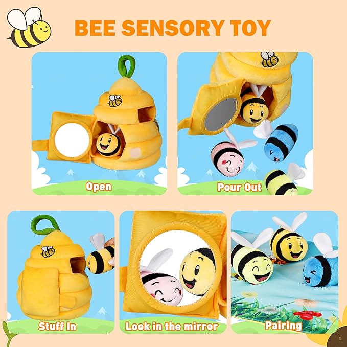 Baby Toys 6-12 Months, Plush Beehive with 4 Sensory Bees, Map Pad, Rattle, Crinkle Paper, Squeaker, Mirror, Montessori Toy for 6 7 8 9 10 11 12 Month Old, Infant Toys Baby Valentines Day Gifts